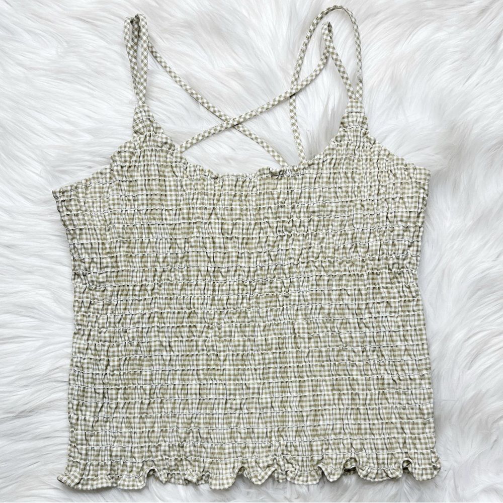 Papas Fashion Vintage Smocked Criss Cross Checkered Tank Top Brown White Medium
